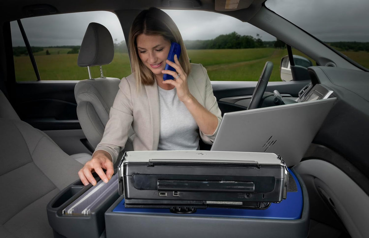 AutoExec Efficiency GripMaster Car Desk for Your Vehicle Workstation and Mobile Office, Blue, with Printer Stand
