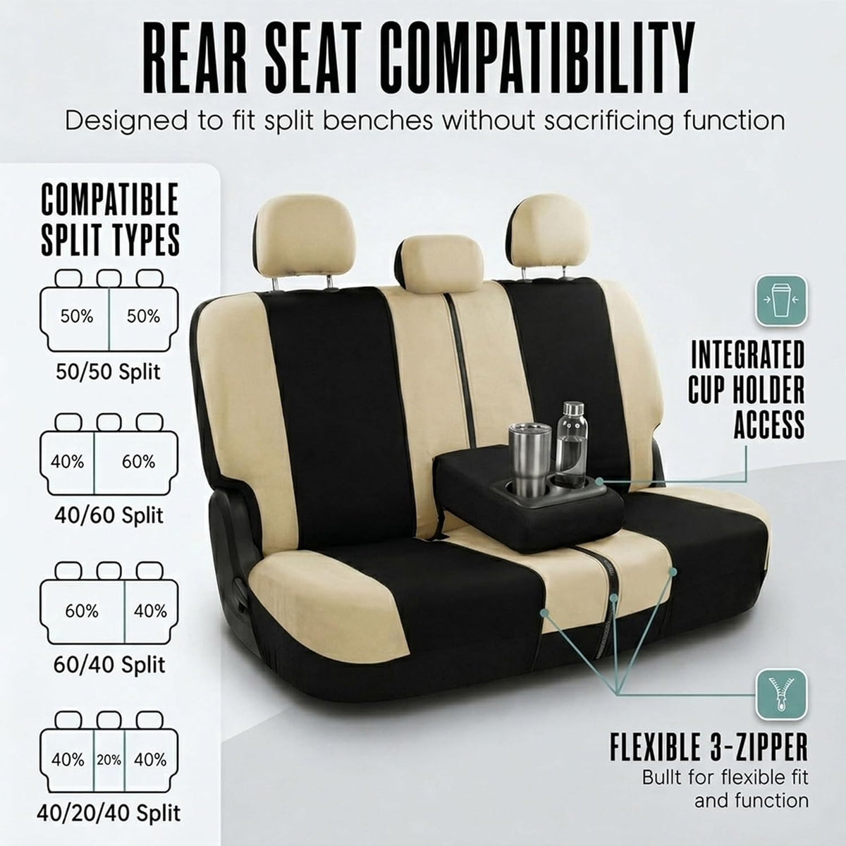 Automotive Seat Covers Beige Black Universal Fit Seat Cover Combo Set with Steering Wheel Cover and Seat Belt Pad (Airbag Compatible and Split Bench)
