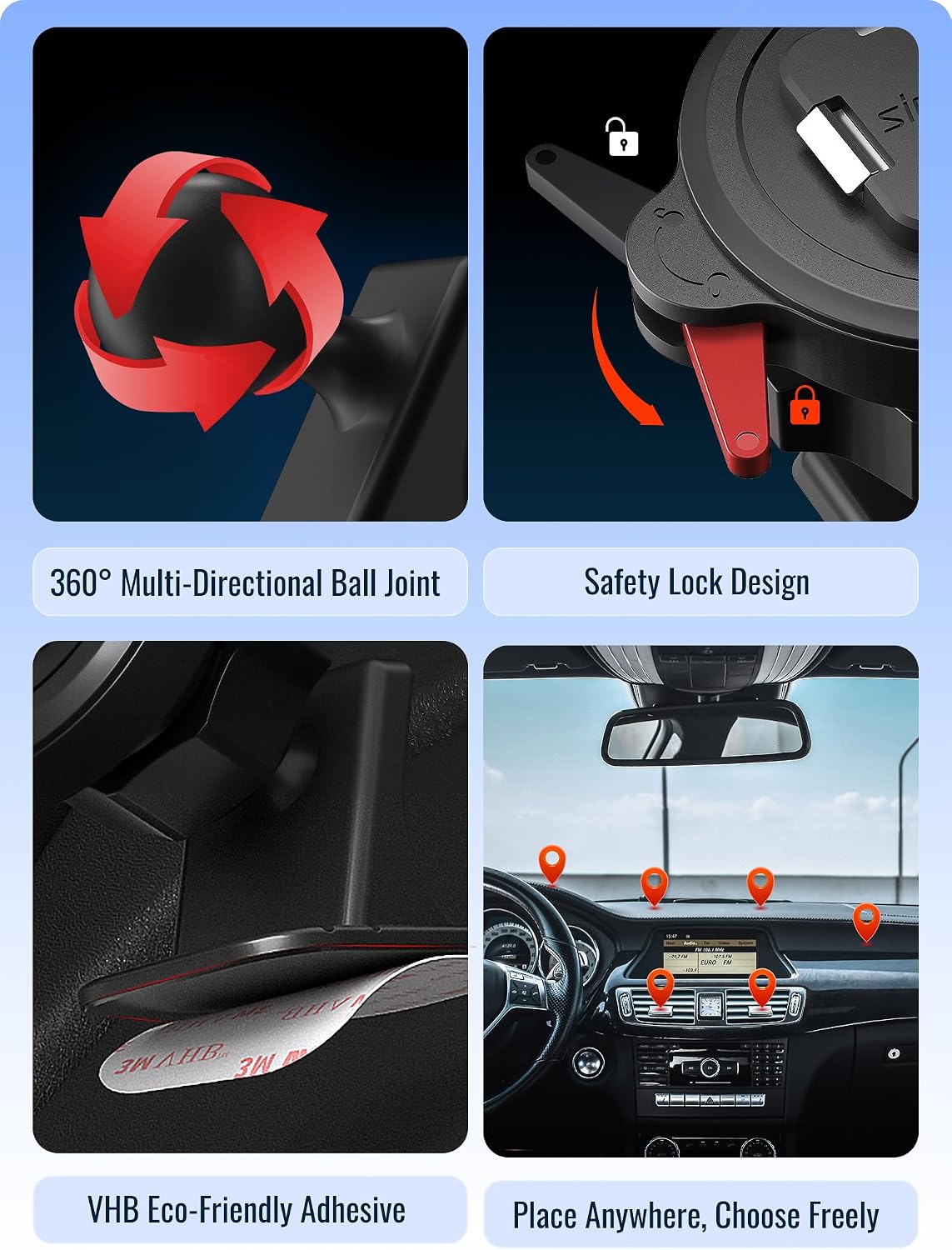 sincetop Car Phone Mount - Series Q [ Quad ] - with Instant Quick Release - 360° Adjustable Dashboard Phone Holder, One-Second Detach, Compatible with iPhone/Samsung