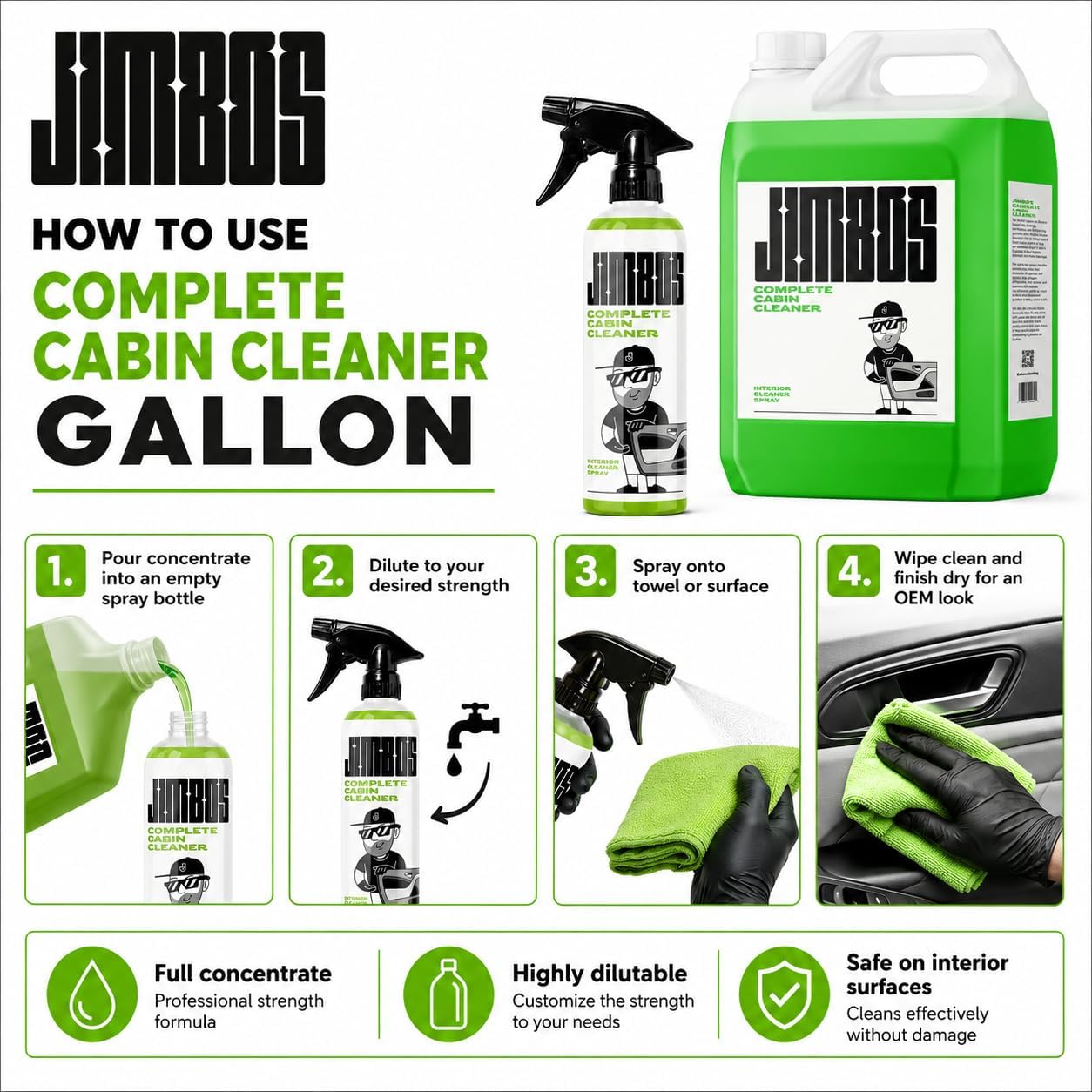 Jimbos COMPLETE CABIN CLEANER - Premium Car Interior Cleaner for Seats, Carpets, Upholstery, Dashboard, & More | All-Purpose Interior Detailer for Leather, Vinyl, and Fabric (128oz)
