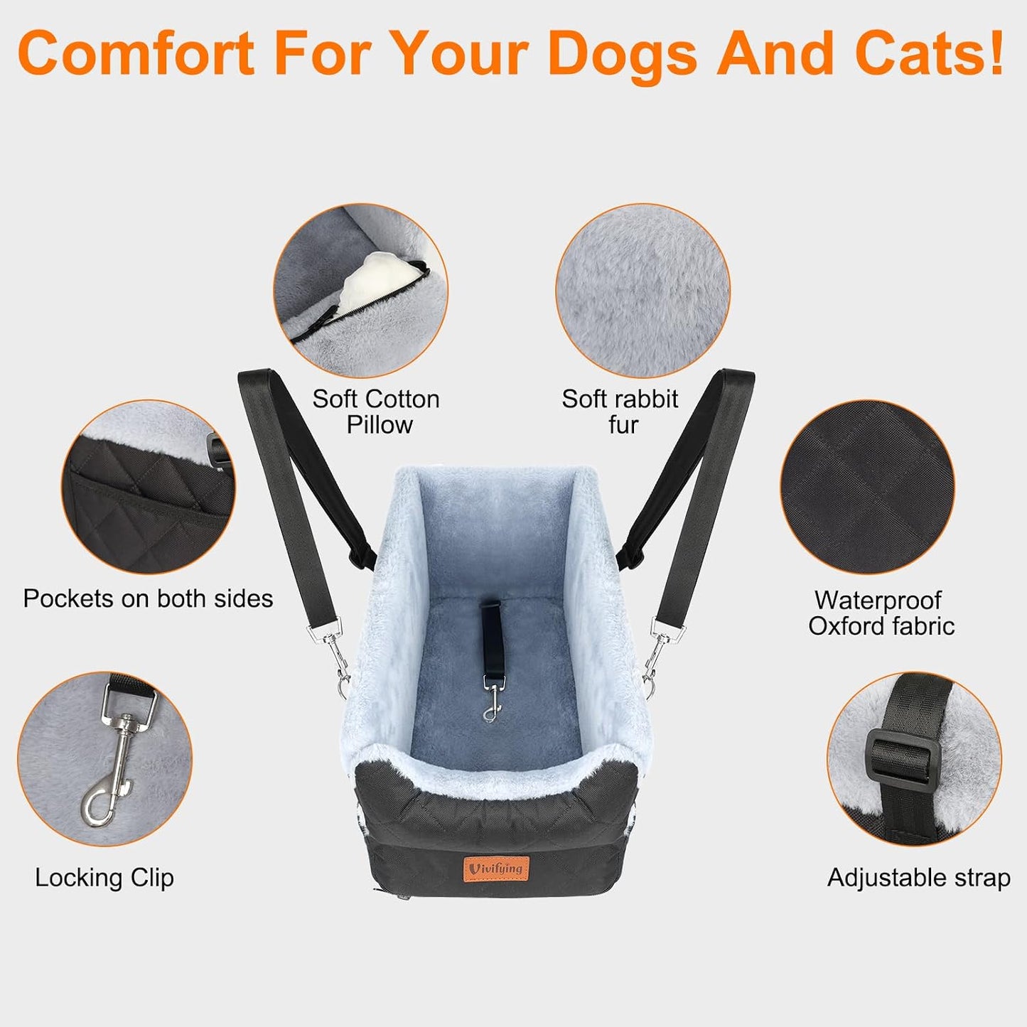 Vivifying Center Console Dog Car Seat for Small Dogs Up to 10 lbs, Plush Pet Booster Seat with Safety Leash, Adjustable Straps, Storage Pocket, Portable Car Seat for Puppies, Black & Grey