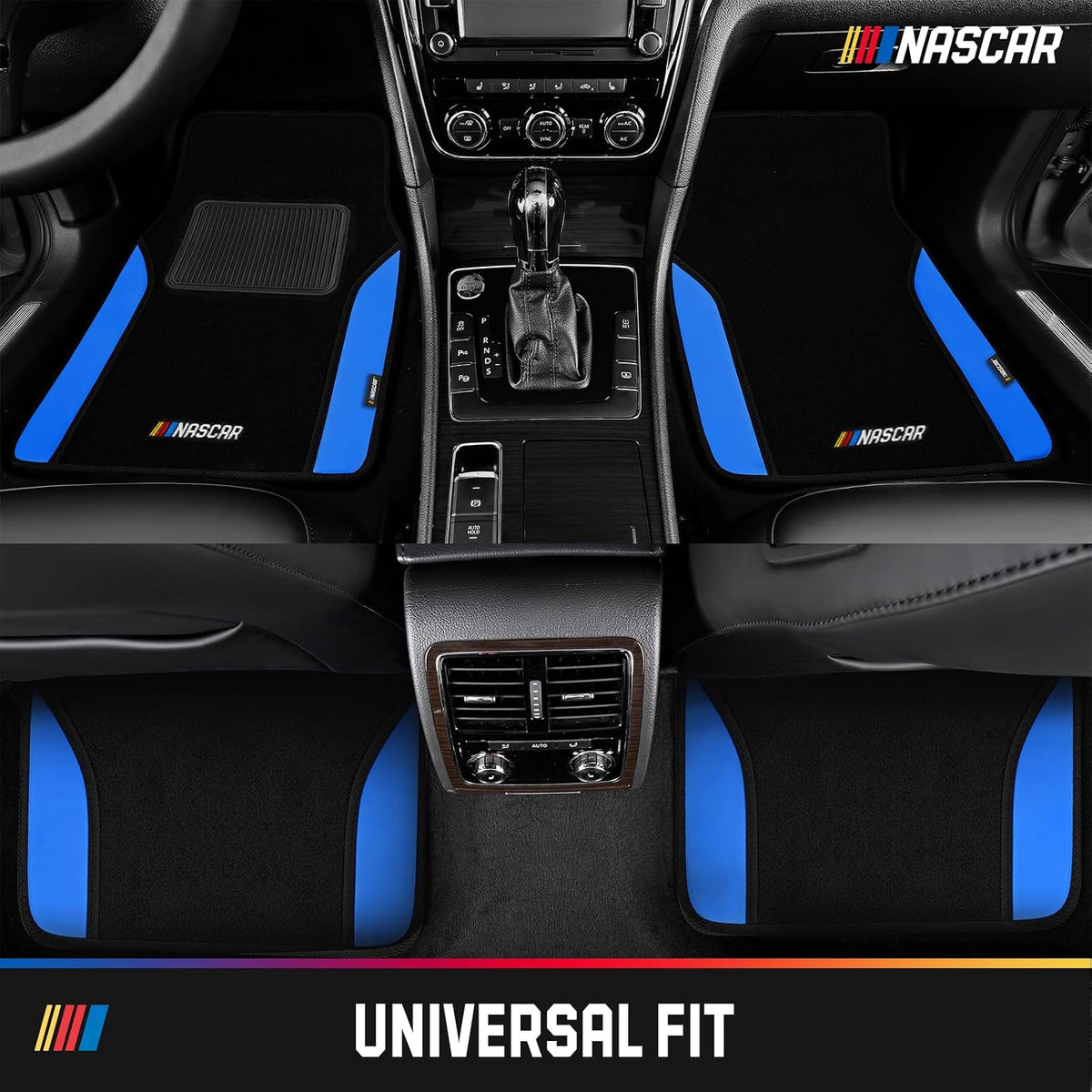 NASCAR Car Floor Mats, Carpet & Blue Leather Design Car Mats, Universal-Fit All-Weather Car Floor Mats with Built-in Heel Pad & Anti-Slip Backing, Durable Odorless Automotive Interior Accessories