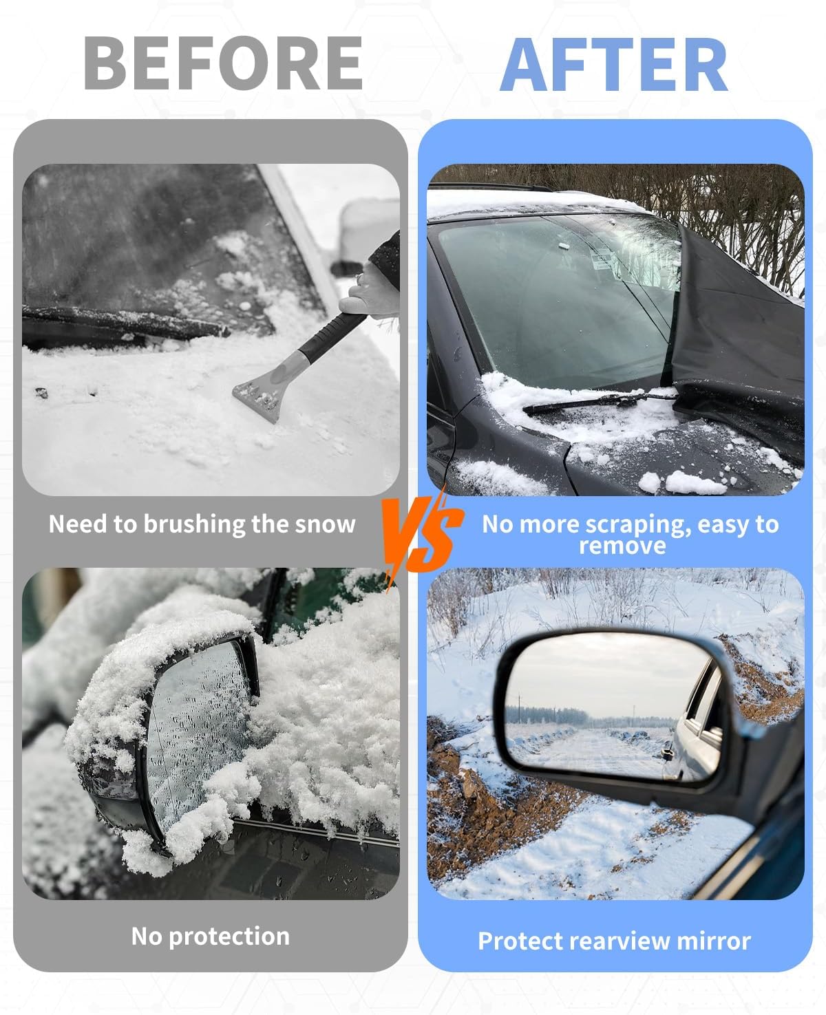 METOWARE 600D Windshield Cover - Heavy Duty All-Weather Sun Shade & Snow Frost Guard, UV Protector, Waterproof Windshield Protector with Mirror Covers for Cars, Sedans, Compact SUVs (69"x42")