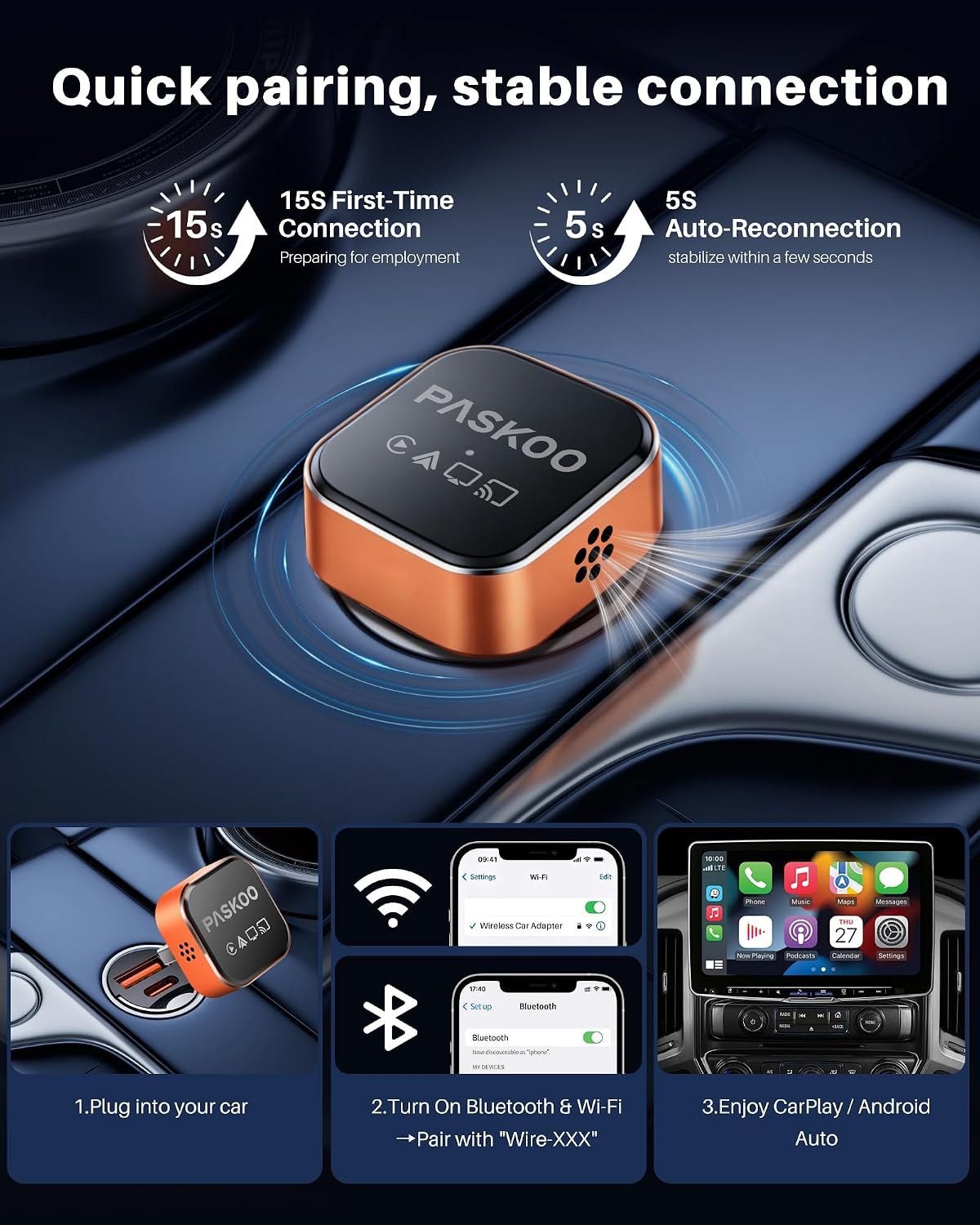PASKOO Wireless CarPlay Adapter for Apple iPhone & Android Phones, Multi-User Seamless Connection for Convert Wired to Wireless Car Play Adapter, Zero Latency, Plug & Play for 2016+ Vehicles
