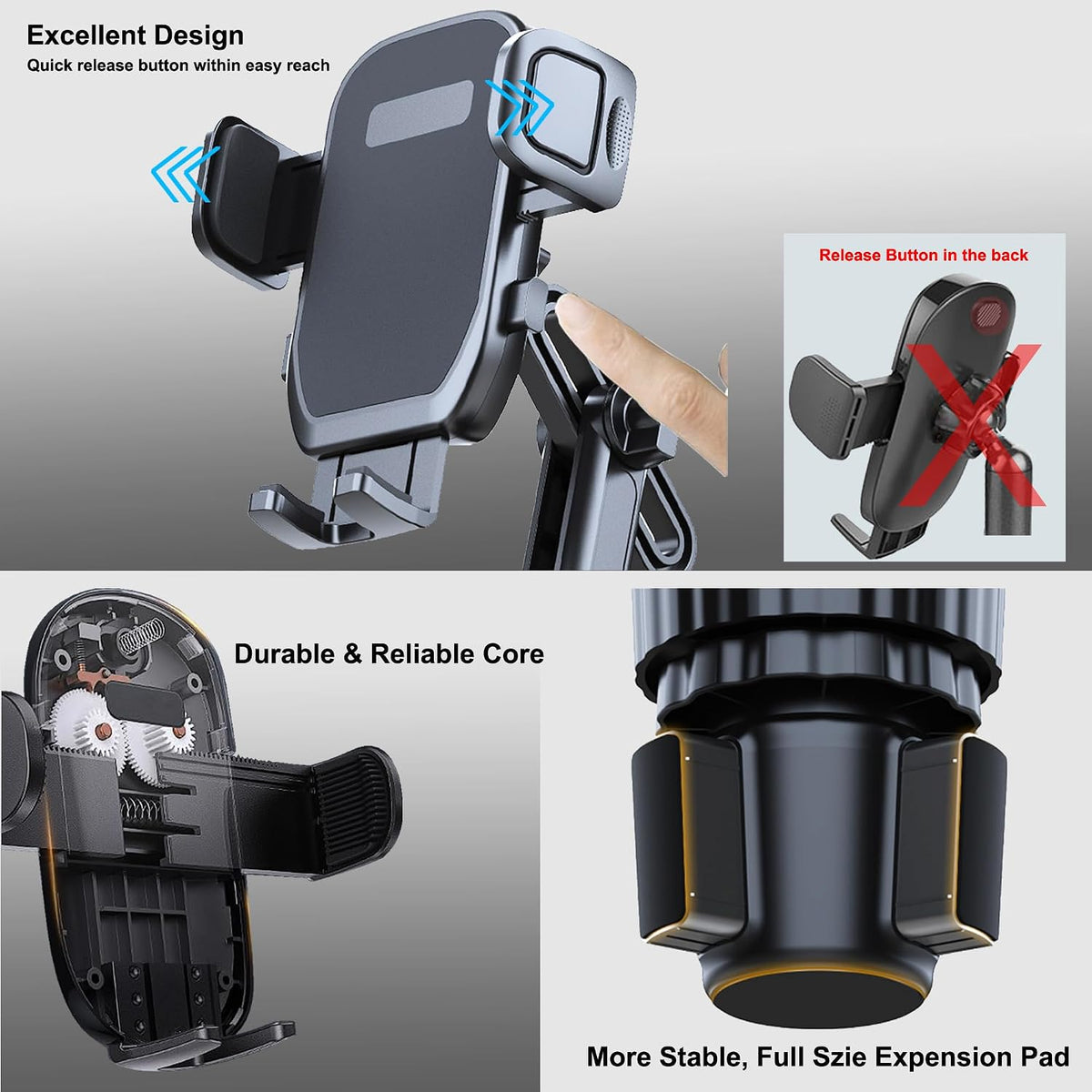 Cup Holder Phone Mount, 2 in 1 Universal Cup Holder Expander with Long Arm 360°Rotation Cup Phone Holder for Car Fits All 4-7” iPhone Galaxy Smartphones and Most Truck Bottles