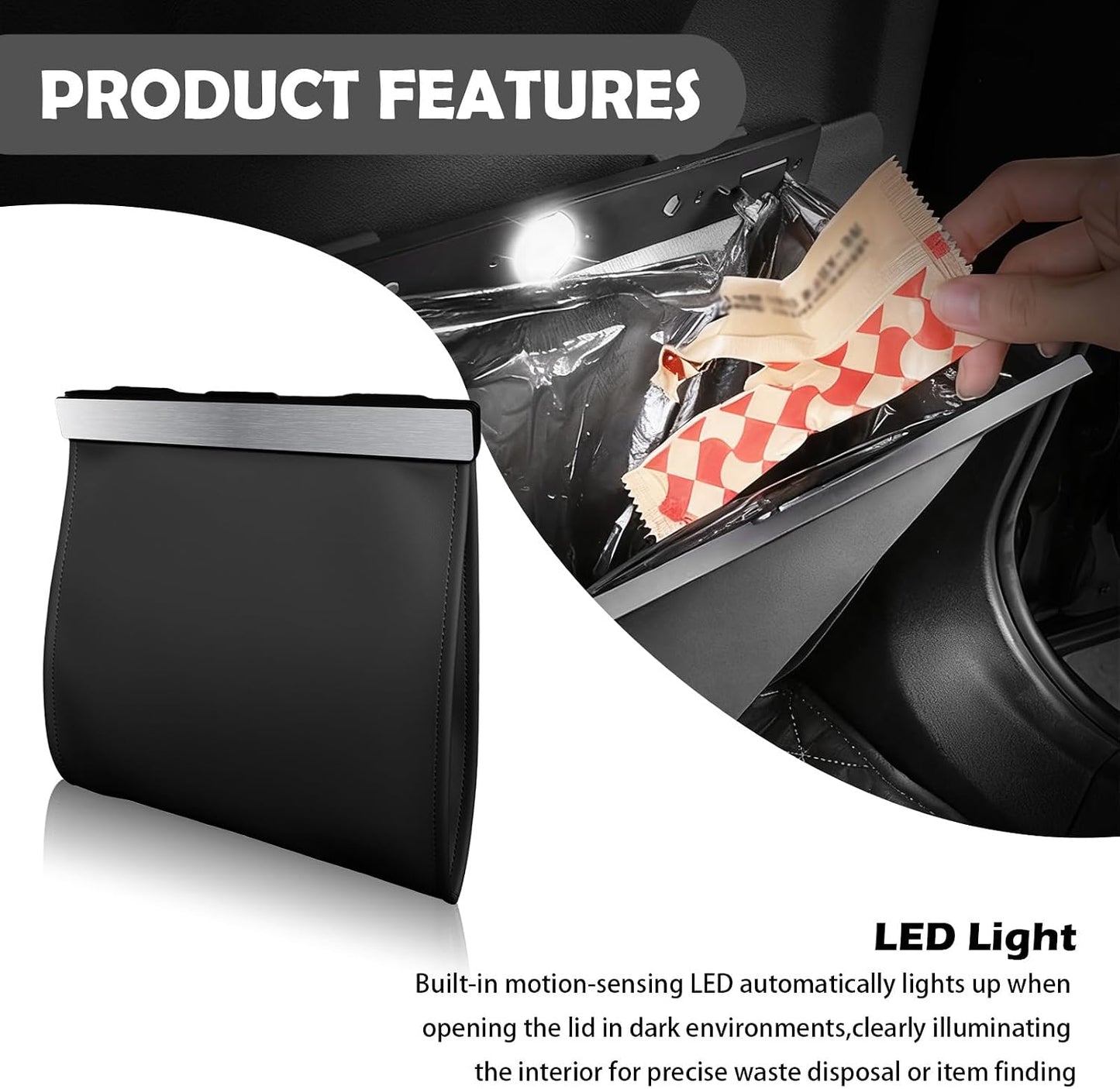 2026 New Car Trash Can with LED Light &amp; Strong Magnet Closure,Leather Car Trash Bin with 12 Bags,Large Capacity Cars Garbage Can as Cars Organizer for Back Seat/Door