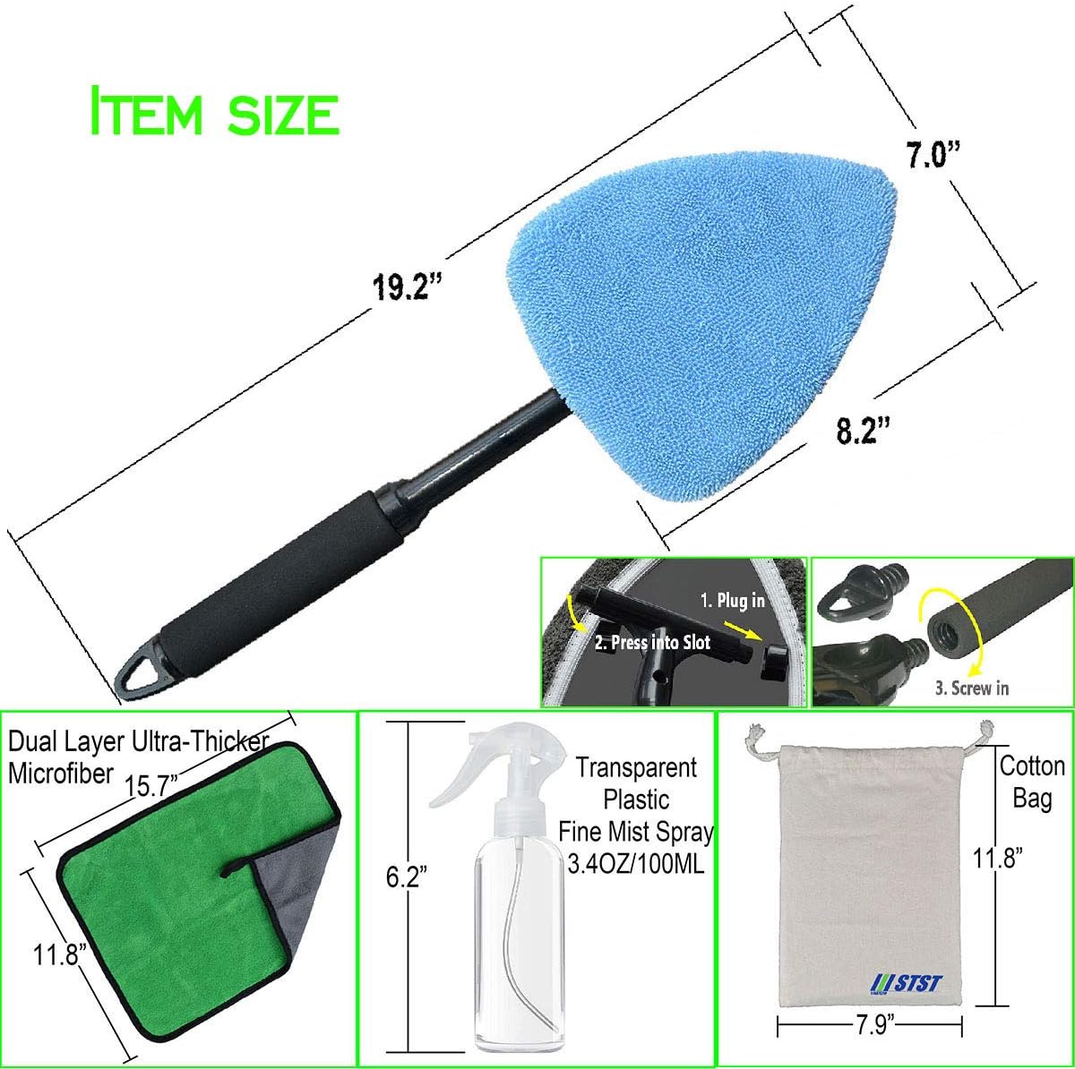 Windshield Cleaner Tool Car Window Cleaning Wand Glass Microfiber Brush Bigger Pad Thicker Softy Cloth, with Towel Spray Bottle Cloth Bag Kit TTL 6Pcs