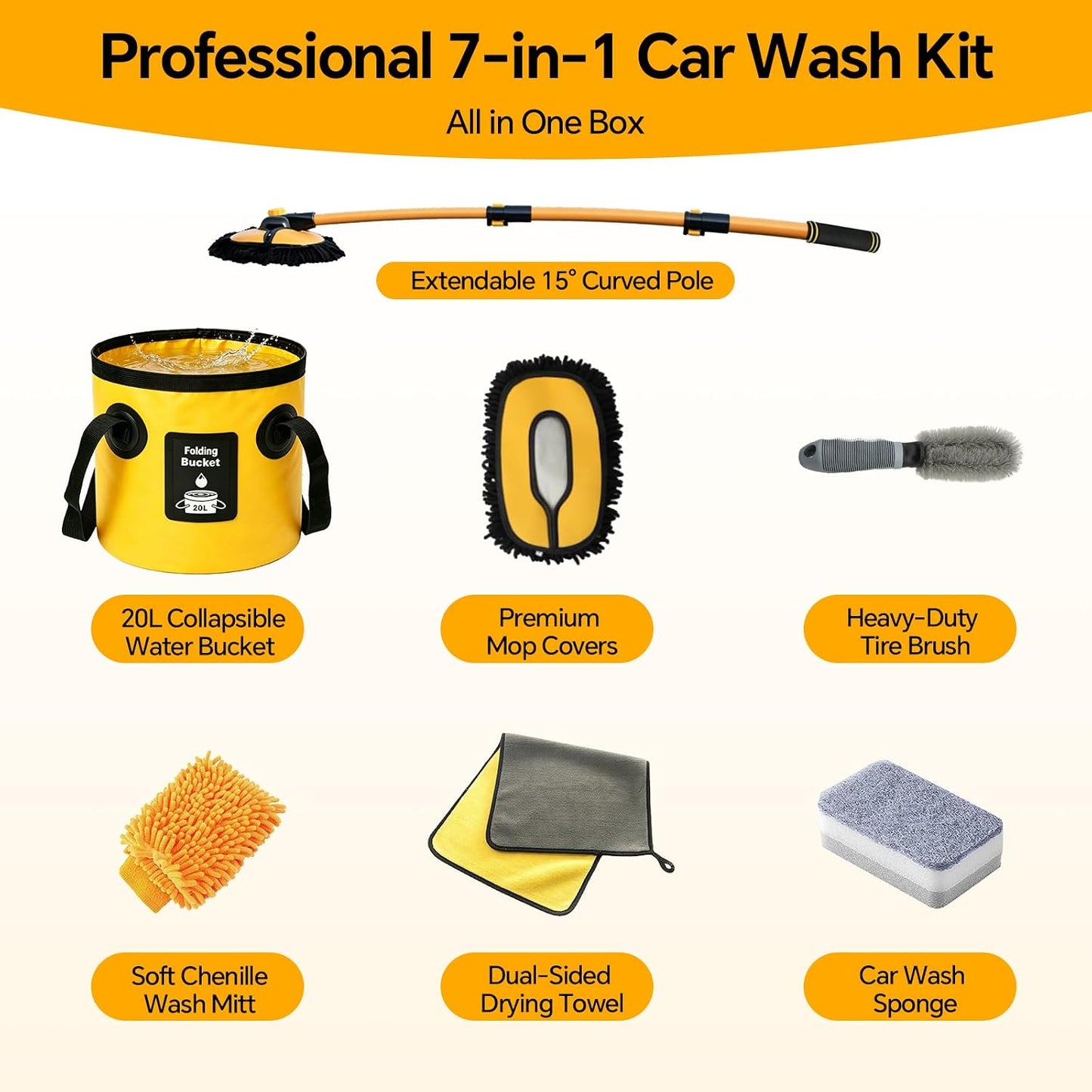7-in-1 Car Wash Kit with 20L Folding Bucket & Brush – Car Wash Mop with Long Handle, 15° Curved Aluminum Pole for SUV Roof, Car Washing Brushes & Cleaning Supplies, RVs-Yellow.