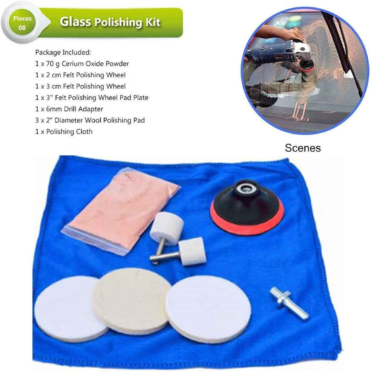 Kakalote 9Pcs/Set Glass Polishing Kit Multifunctional Deep Scratch Remover Car Polish Pad Cerium Oxide Polishing Powder Felt Polishing Wheel Set for Windscreen and Glass Repair