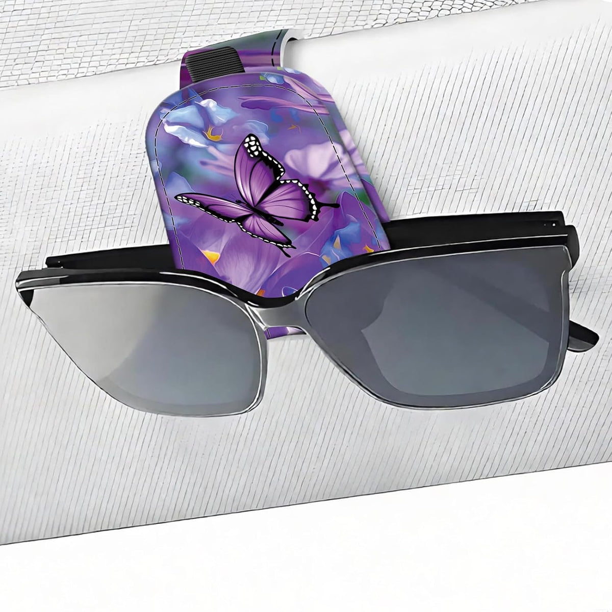 Leather Magnetic Sunglass Holder for Car Sun Visor, Cute Eyeglass Ticket Card Hanger Clip, Universal Auto Interior Accessories for SUV Pickup Truck, Purple Floral