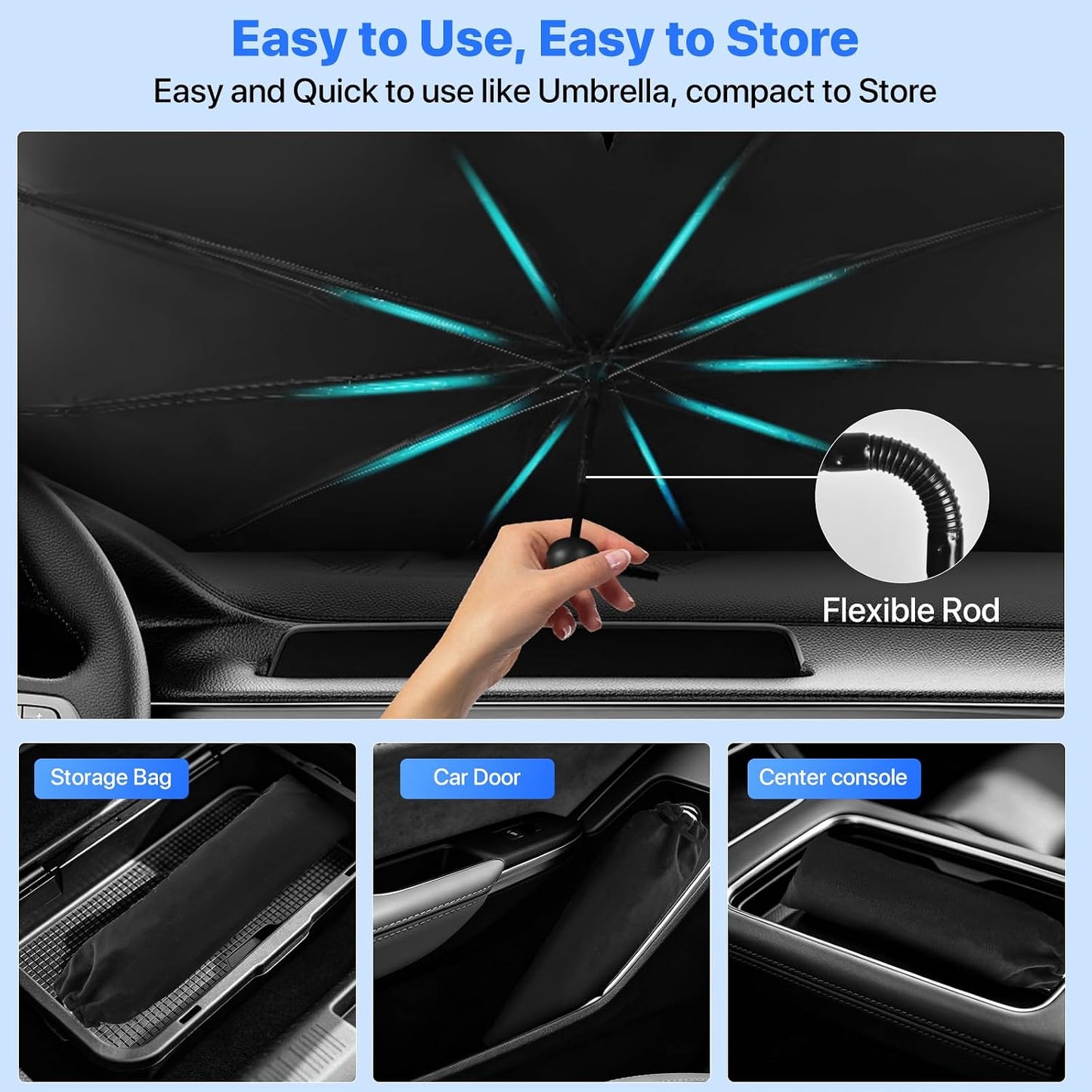 Windshield Sun Shade Umbrella - Protect Car from Sun Rays & Heat Damage Keep Cool & Protect Interior (56" L x 31" W)