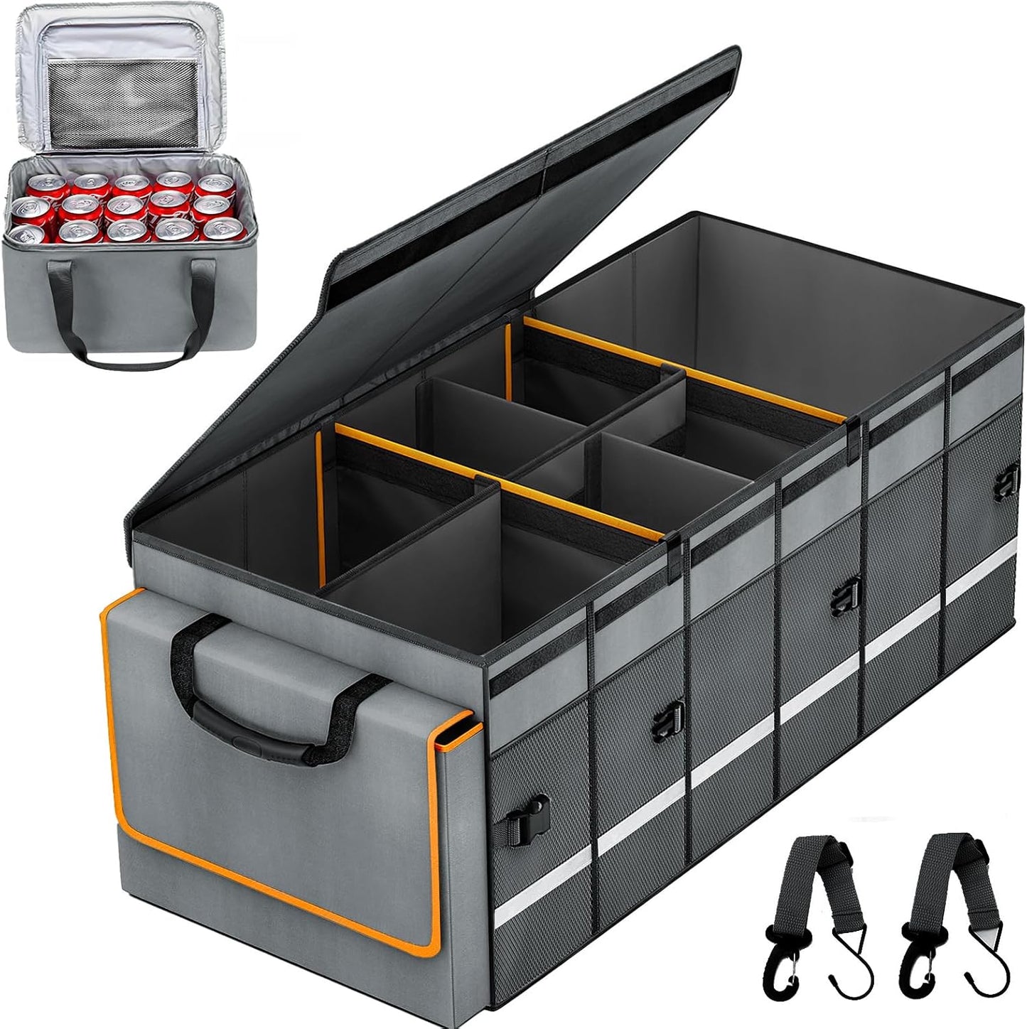 GDNasist Car Trunk Organizer and Storage with Removable Leakproof Cooler Bag, 6 Removable Dividers for Custom Space, Collapsible Trunk Storage with Non Slip Bottom, Foldable Cover for SUV, Jeep, MPVs