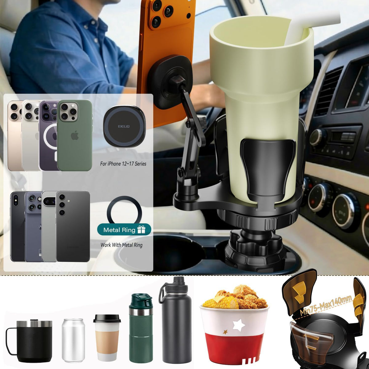 EXELIQ Cup Holder Phone Mount with MagSafe, 2-in-1 Expander