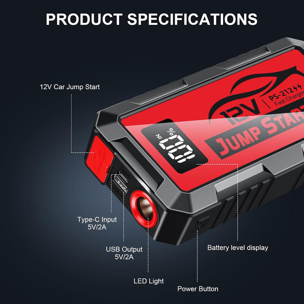 8000A Car Jump Starter, 12V Jump Starter Battery Pack (All Gas,up to 10.0L Diesel Engine) Jumper Cables Portable Lithium Jump Box, USB Output and LED Light (red)