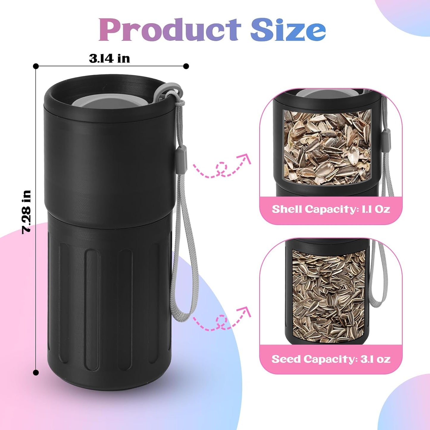Portable Sunflower Seed Cup with Shell Storage, 3D Printed Pistachios Nut Snack Bowl Containers for Outdoor/in Car/Travel/Sports Games, Seed Lovers Gift - Black