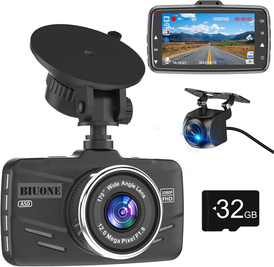 Dash Cam Front and Rear, 1080P Car Camera W/ 32GB Card