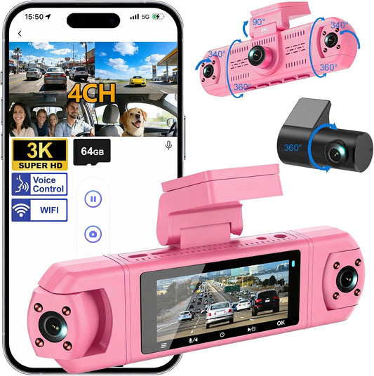 4 Channel Dash Cam,360 Degree, Front and Rear Inside Dash Cam for Cars, APP Control, Built-in WiFi,8 IR Night Vision, Parking Mode, Loop Recording, Fre 64G SD Card, Voice Control,3K+1080P x3