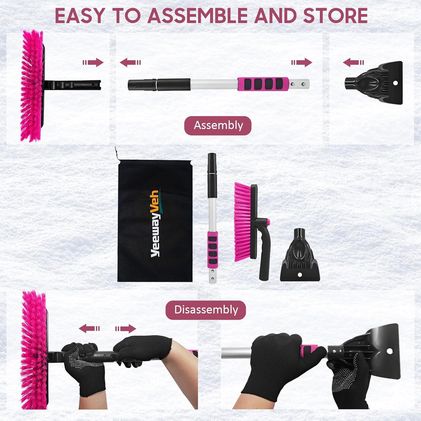 YeewayVeh 39in Car Snow Brush Ice Scraper 360° Rotating, Magenta Pink