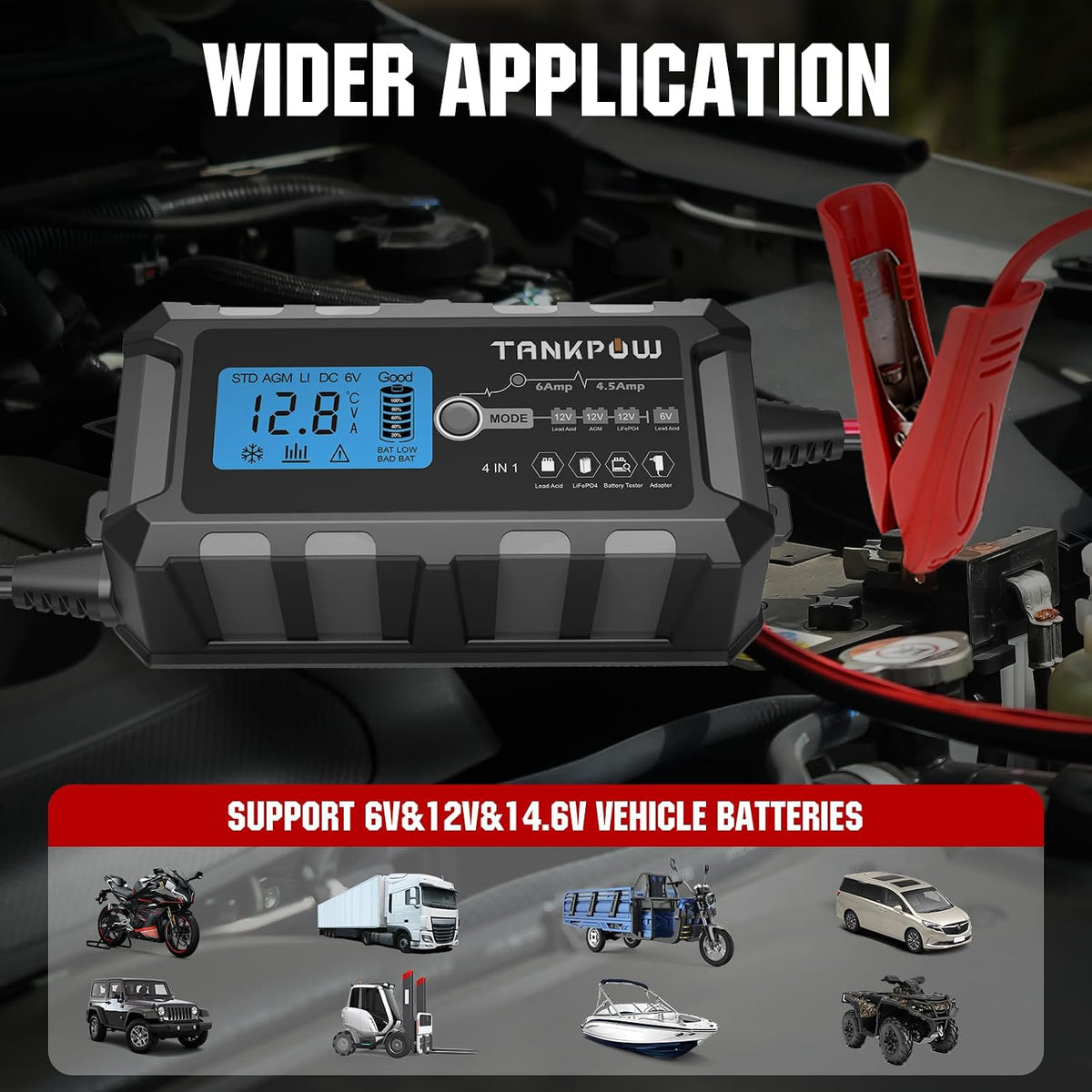 6V/12V 6A Automatic Battery Charger,Smart Battery Charger with Overcharge Protection,Trickle Charger Maintainer and Desulfator for Lead Acid & Lithium(LiFePO4) Deep Cycle Batteries