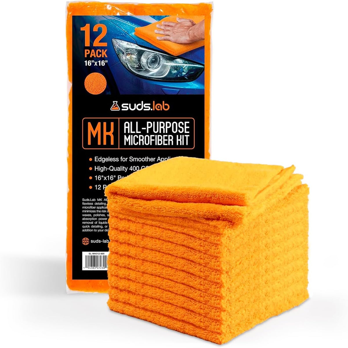 Suds Lab Premium 400 GSM Microfiber Towels, Edgeless, 16"x16", 12-Pack