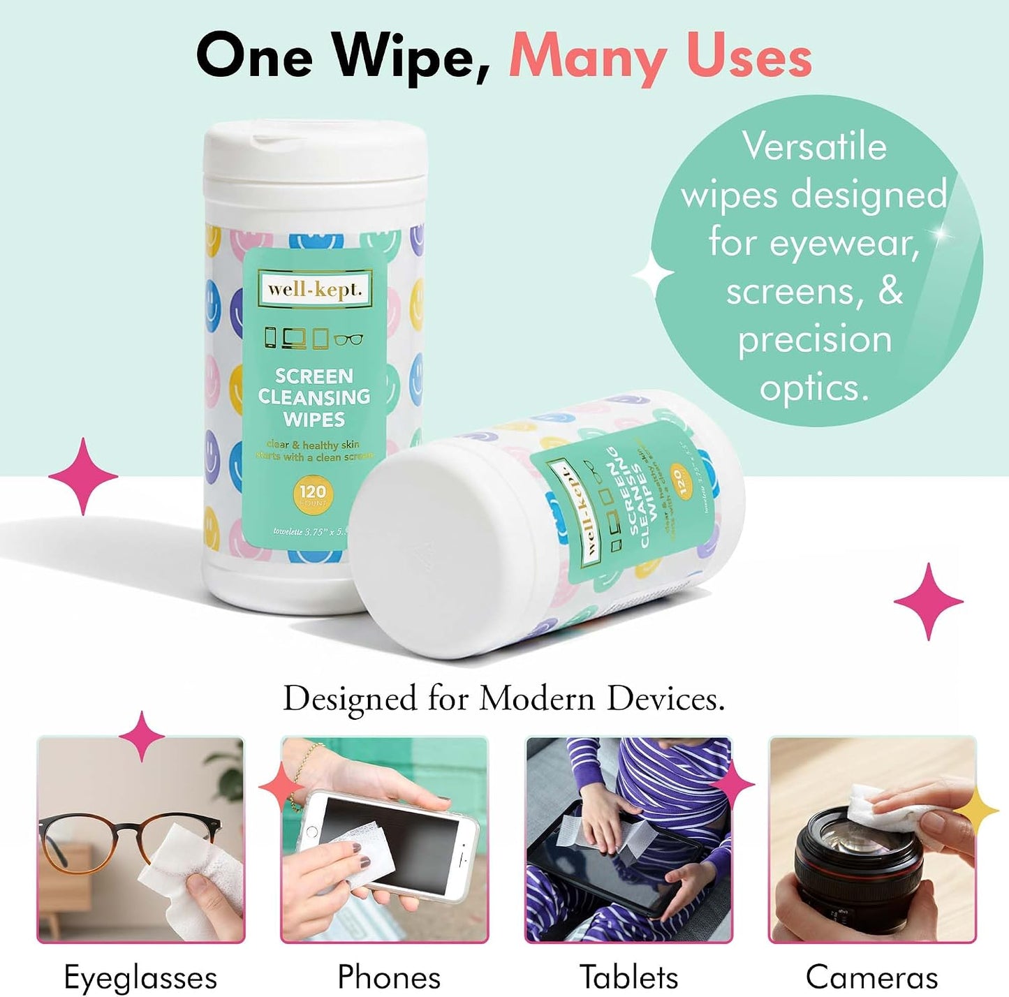 Well-Kept Tech & Lens Wipes - Eyeglass, Screen & Phone Cleaning, Multi-Surface, Lint-Free, Pre Moistened, Streak-Free & Non Scratching - NEW Size - All Smiles Canister, (120 Count)