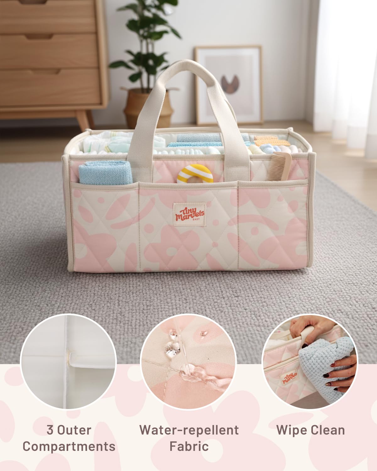 Baby Diaper Caddy Organizer – Nursery Storage Basket with Portable Handle & Removable Divider, Stylish Diaper Caddy for Changing Table, Couch, Car, Newborn Essentials Registry Search Must Haves