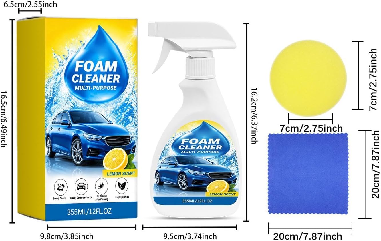 Foam Cleaner for Car 355ML Fruit Fragrance Seat Detailing Spray | with Sponge and Towel No Rinsing Car Seat Cleaner for Truck SUV RV Trailer Kitchen Upholstery Carpet Fabric