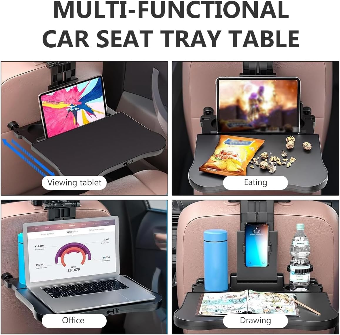 Car Seat Tray Table, Foldable Travel Tray Auto Backseat Laptop Desk with Non-Slip Pad, Multifunctional Adjustable Headrest Trays for Rear Passenger Road Trip Eating &amp; Work