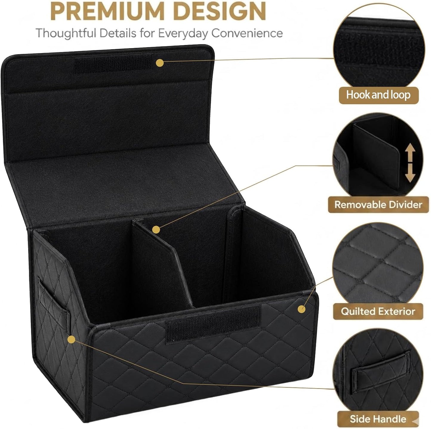 2Pack Leather Trunk Organizer for SUV & Sedans - Extra Large Foldable Car Storage Box with Lid, Adjustable Removable Dividers and Carry Handle, Collapsible Auto Cargo Organizer Black
