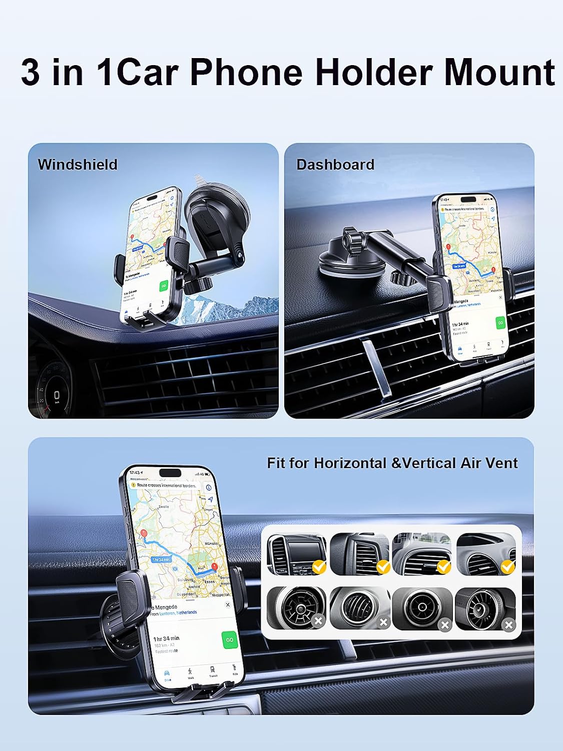 Rorhxia 3-in-1 Phone Mount for Car [2026 Most Stable and Flexible Suction Cup] Vent Dashboard Windshield Cell Phone Holder Car Fit for iPhone, Samsung, All Phone