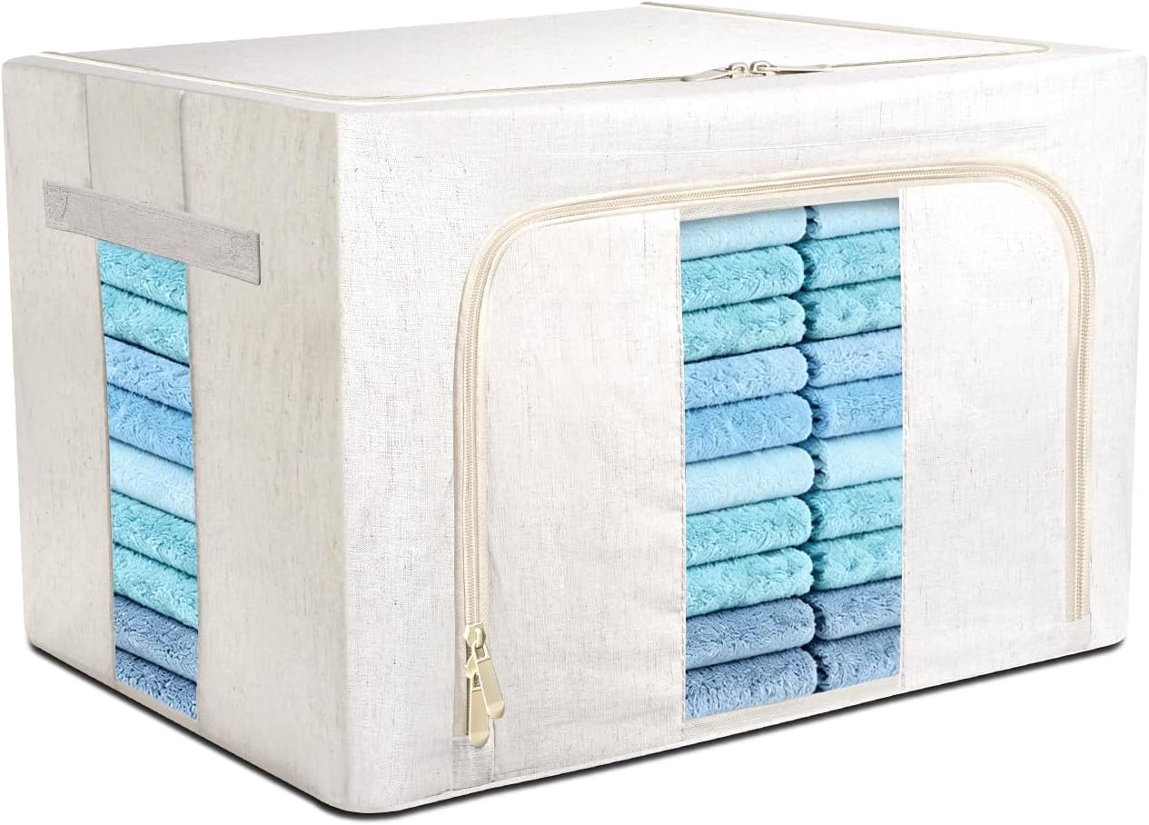 Foldable Clothes Storage Bins with Solid core powder-coated steel fram, 24/ 66L Storage Bags Fabric Box Organizer with Clear Window Zippers Sturdy Handles 2 Pack (Beige, 66L 1Pack)