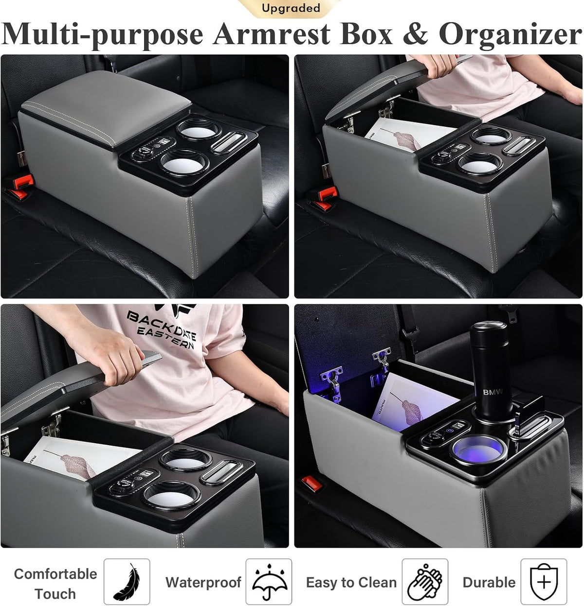 Coverado Car Center Console, Universal Bench Seat Consoles, Truck Center Console Automotive Center Console, Back Seat Organizer With Cup Holder+Phone Holder, Central Armrest Storage Box (Update, Gray)