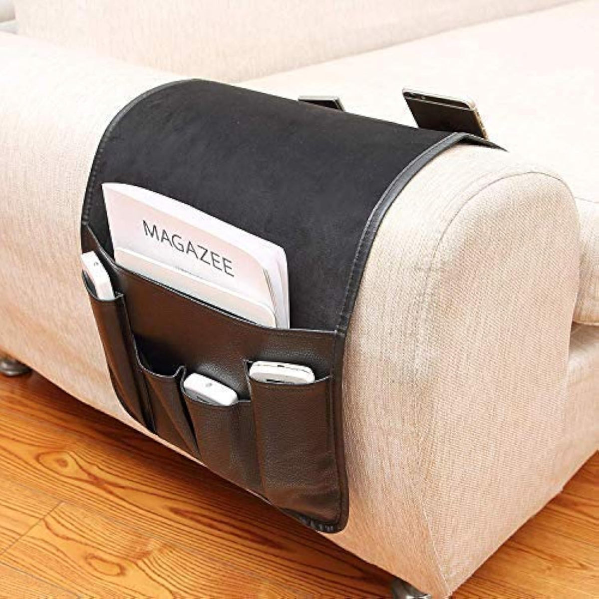 IPENNY No-slip Leather Sofa Couch Remote Control Holder Chair Armrest Caddy Pocket Organizer Storage Bag for Cellphone Tablet Notepad Book Magazines DVD Eyewears Drinker Snacks Holder Pouch