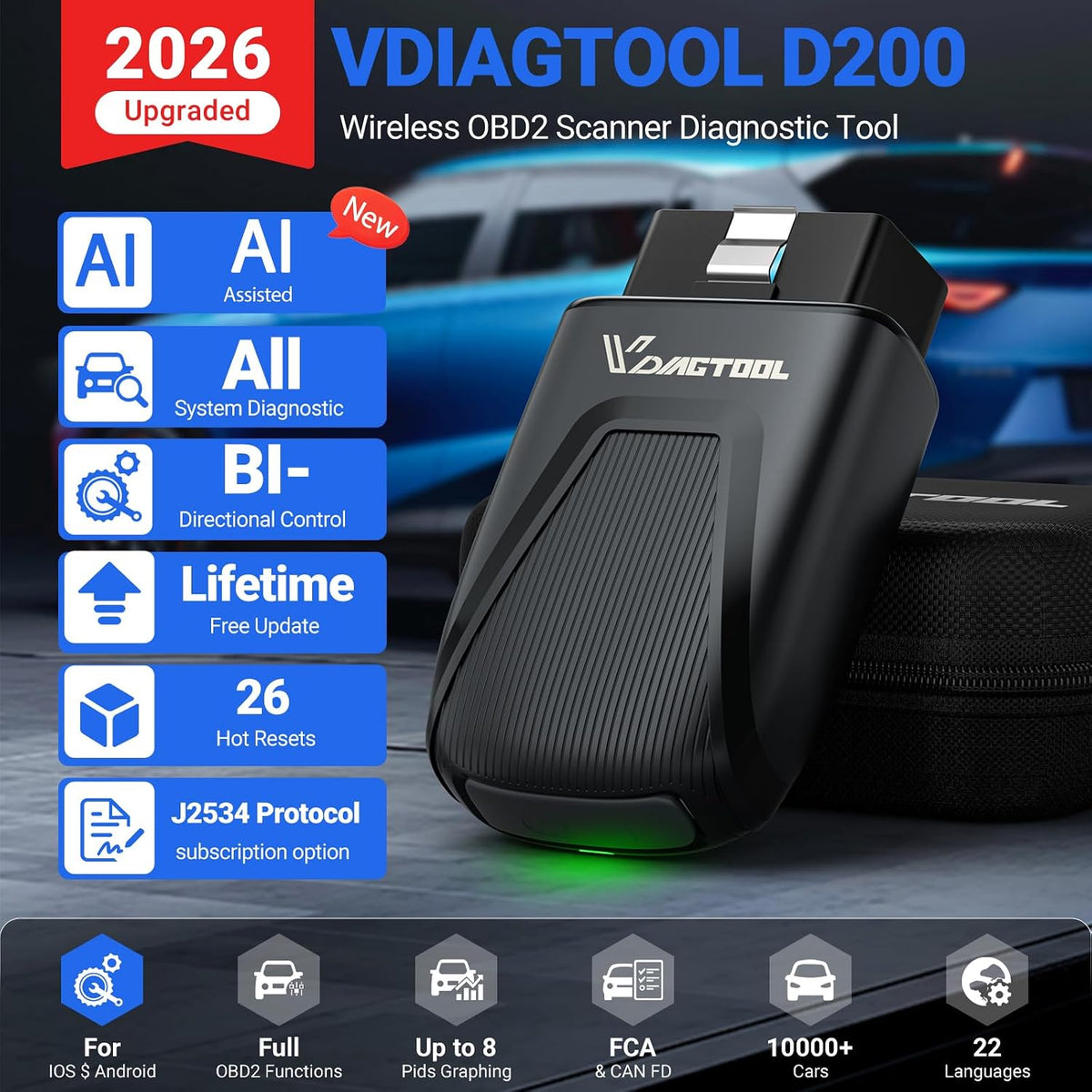 VDIAGTOOL D200 Bluetooth OBD2 Scanner with Bidirectional for iOS & Android