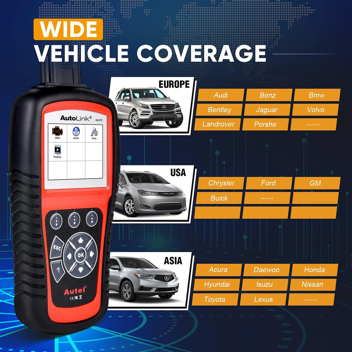 Autel AutoLink AL619 OBD2 Scanner, ABS SRS Warning Light Diagnostic Tool