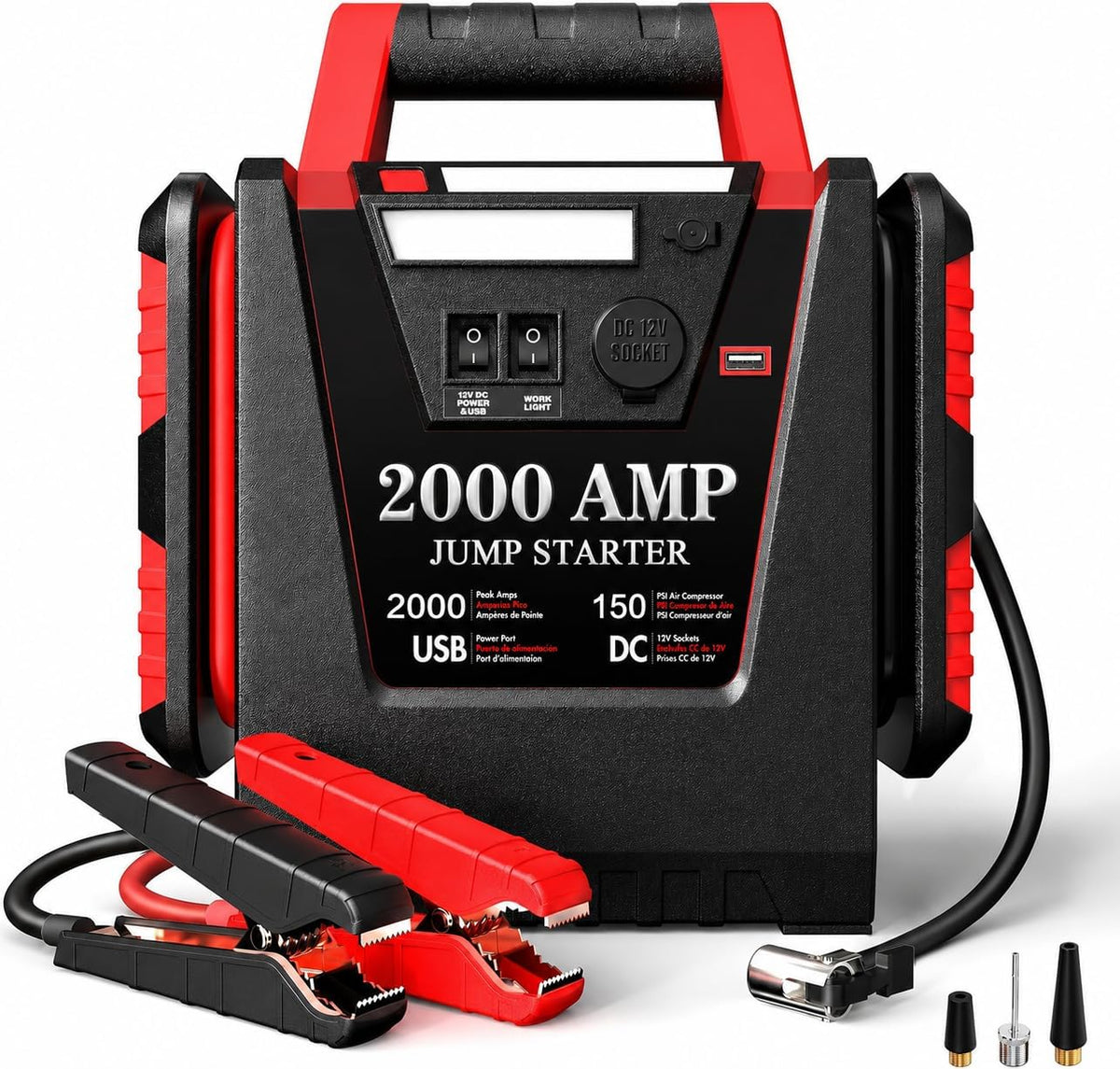 Jump Starter with Air Compressor,2000A Car Battery Jumper Starter 150 PSI Tire Inflator,6 in 1 Auto Lead-Acid Battery Booster Jump Starter for Up to 10.0L Gas or 8.0L Diesel with LED Light