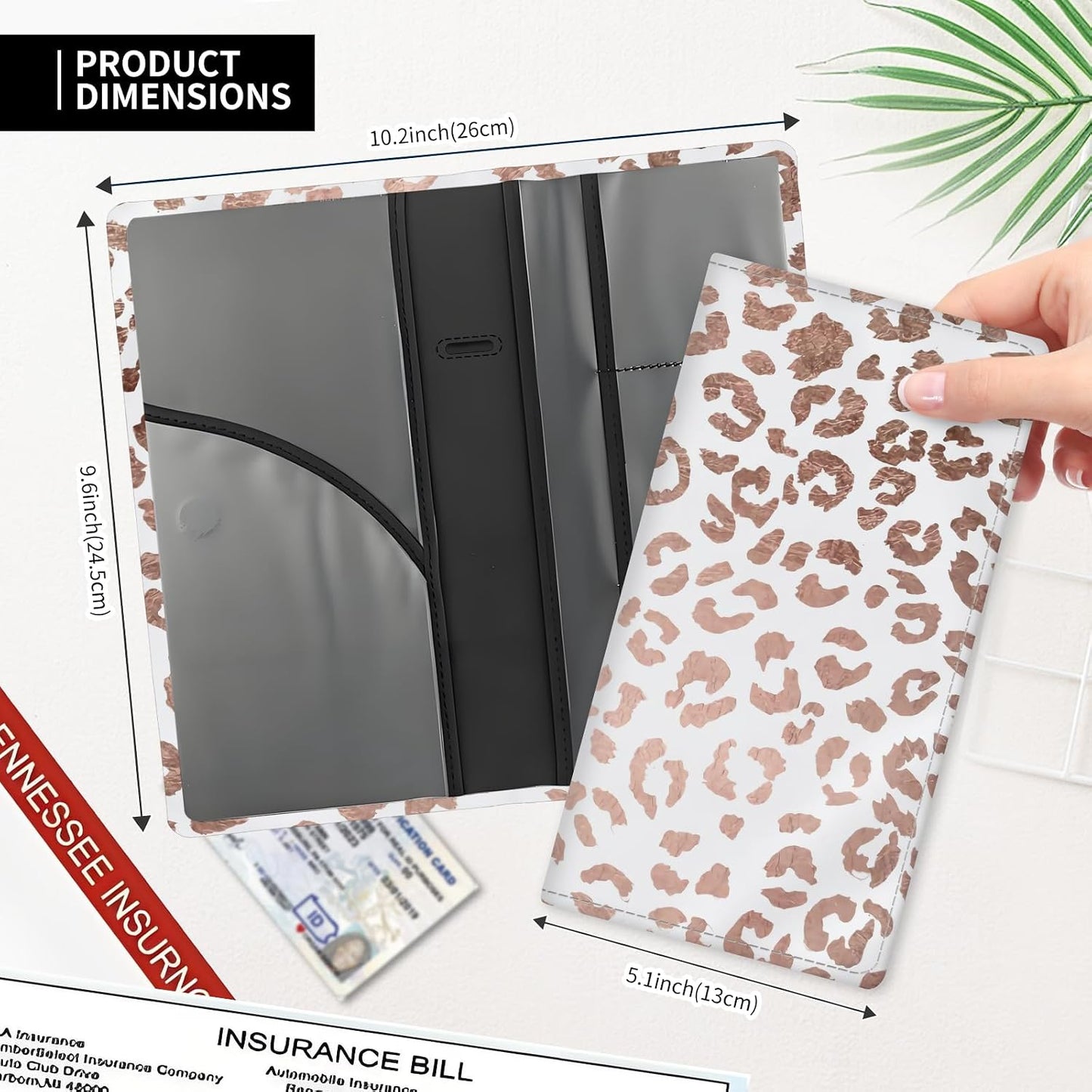 Leather Car Registration and Insurance Card Holder, Cute Car Accessories Vehicle Glove Box Car Organizer for Documents, Cards, License Pink Glitter Leopard