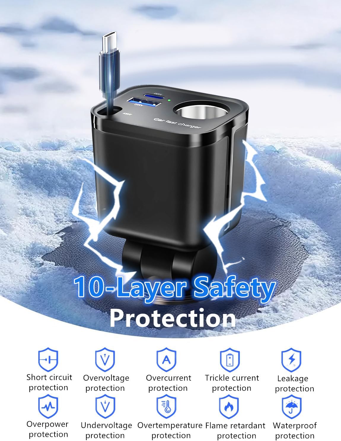 4 in 1 Retractable Car Charger, 145W USB C Cigarette Lighter Adapter