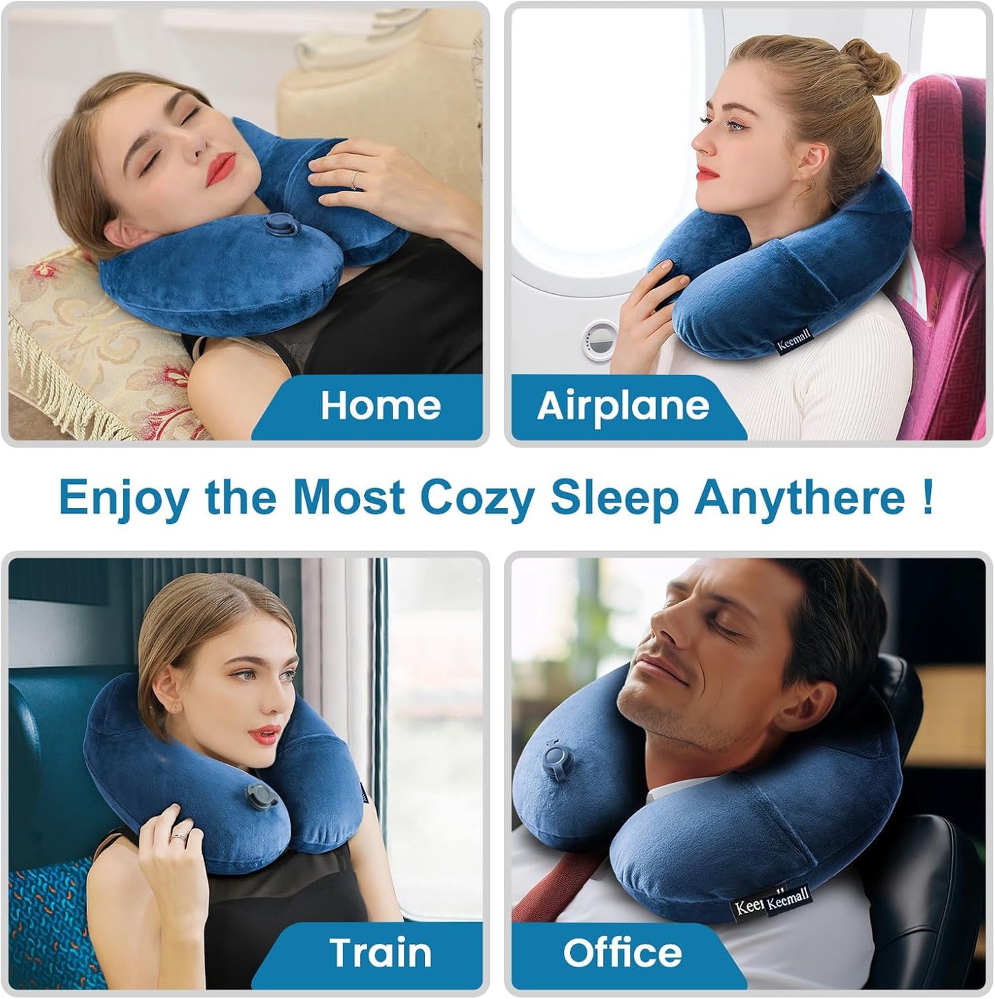Keemall Inflatable Neck Pillow Airplane, Comfortable Inflatable Travel Neck Pillows for Airplanes Traveling on Plane, Soft Plush Cover Head Neck Rest Sleeping Long Flight for Car Train Office Home