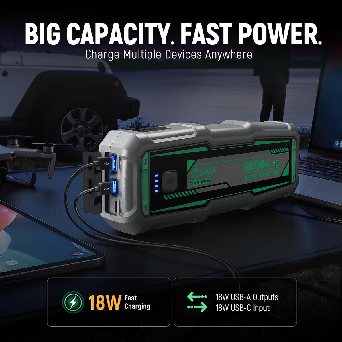 SATA 2000A Car Battery Jump Starter, 88.8Wh Power Pack for 12V Vehicles