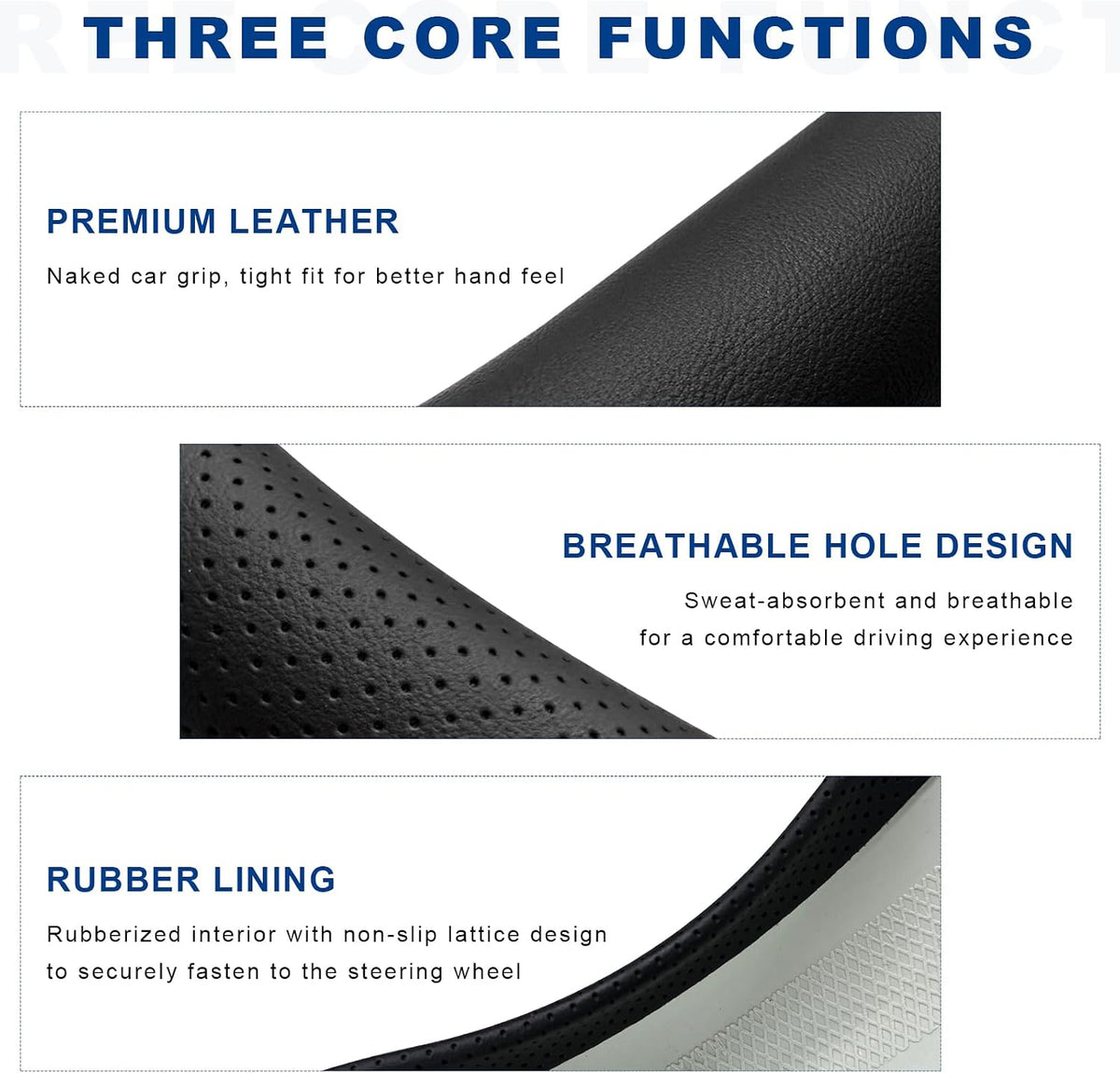 Car Steering Wheel Cover, Leather D-Shaped Steering Wheel Sleeve with Anti-Slip Lining, Breathable Flat Bottom Car Wheel Protector Interior Auto Accessories for Women Men