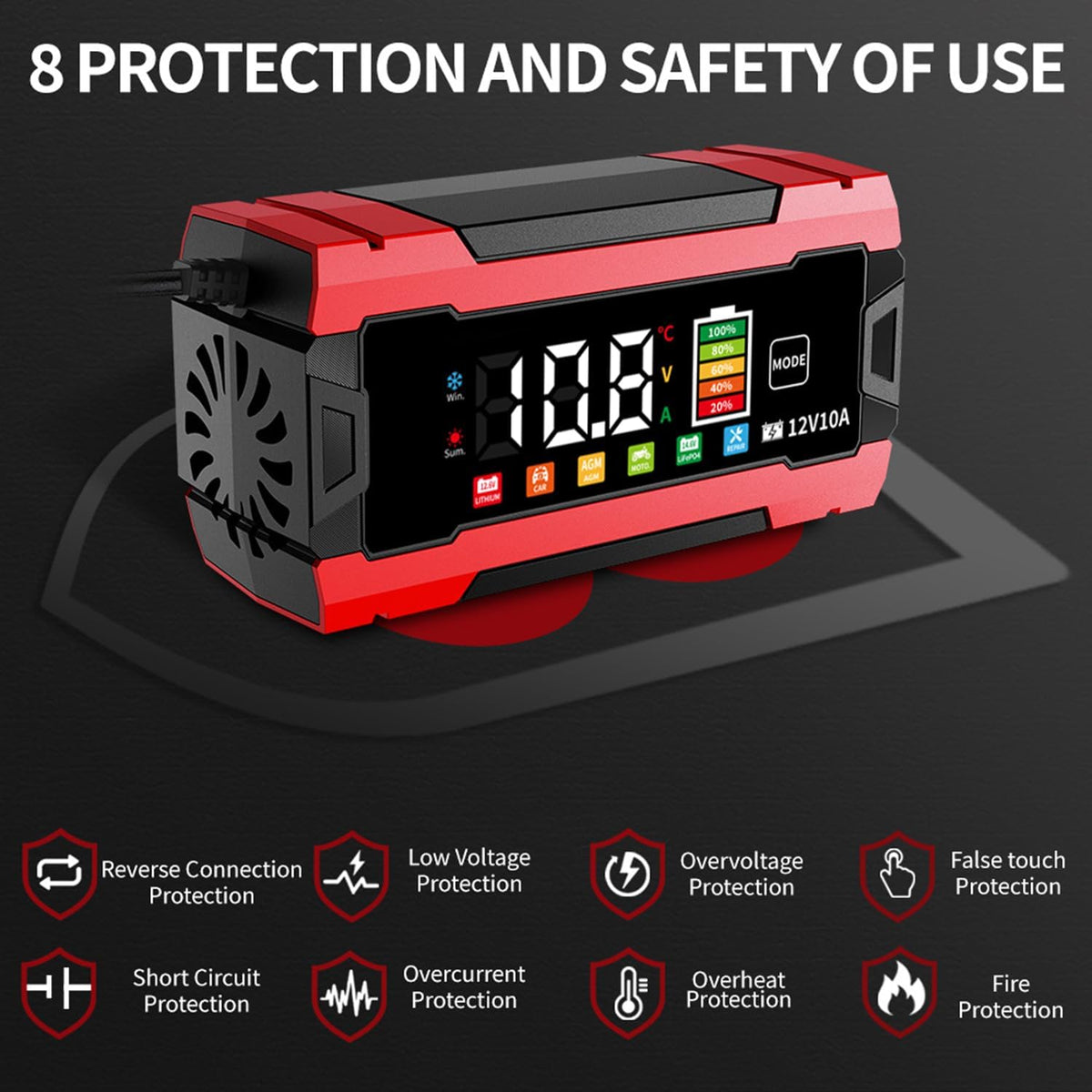 12V 10-Amp Battery Charger, Smart Trickle Charger Maintainer, 12V Lead-Acid LiFePO4 Lithium Battery Charger, Auto Battery Repair & Desulfator, Temperature Compensation for Car Truck Motorcycle Boat