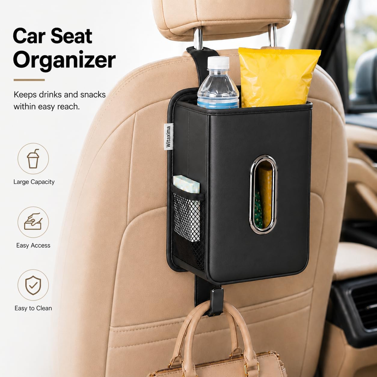 Witaxima 4 in 1 Car Tissue Holder with Headrest Hooks, Small Trash Can & Seat Back Organizer, PU Leather Tissue Box Cover for 120-150 Tissues, Trash Pockets & Hook Set, Keep Car Tidy, Black
