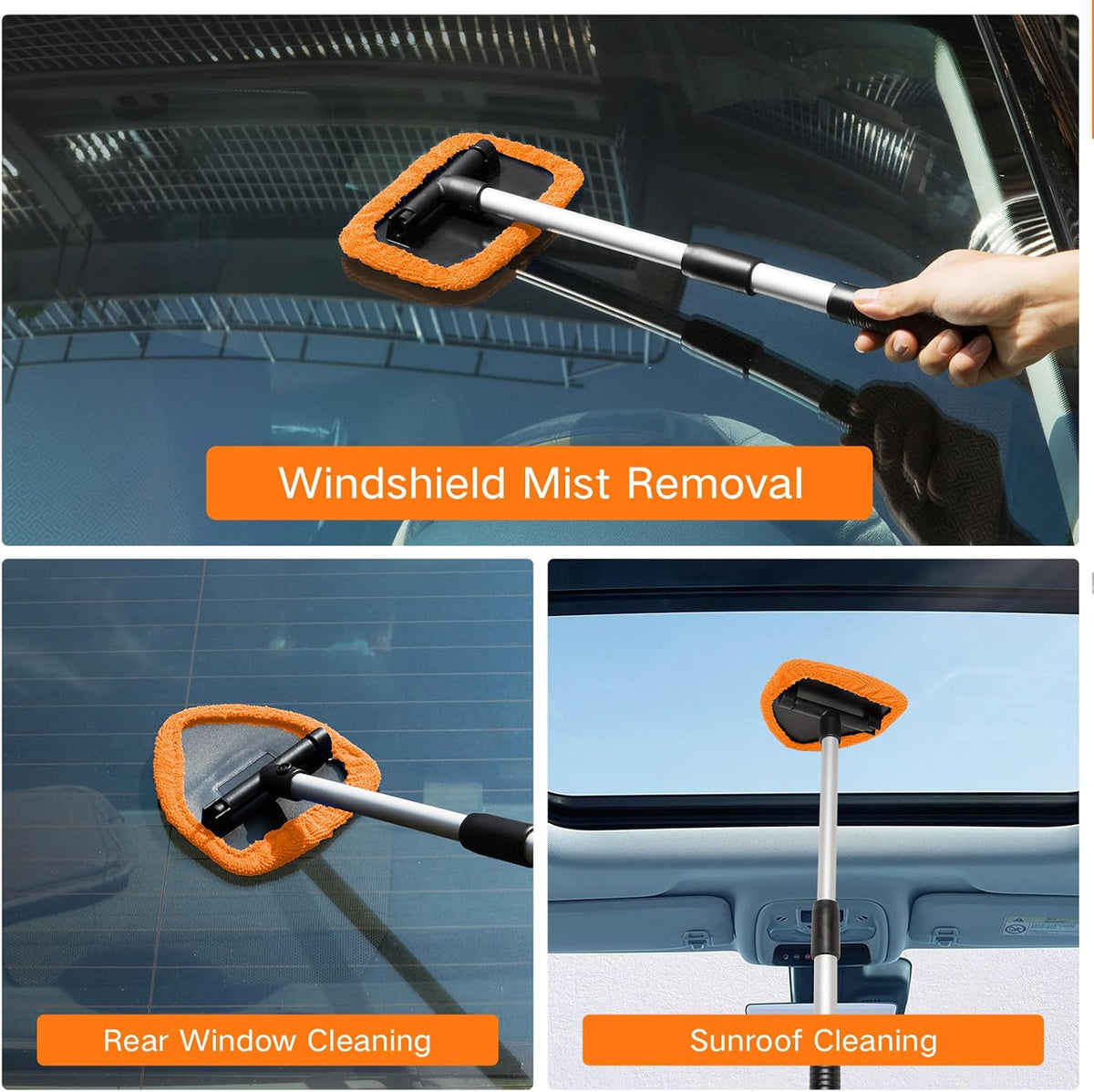 Qydipclin 10pcs Windshield Cleaner Tool, Car Window Cleaning Wash Kit with 4 Reusable Microfiber Pads 1 Spray Bottle and Extendable Handle Auto Glass Wiper Kit, Orange