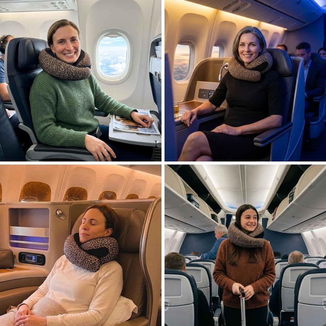 FlyHugz® Neck Travel Pillow Memory Foam Neck Pillow for Comfort on Airplane Compact and Ergonomic Design for Travel, Car Rides, and Home Use Ideal for Adults and Kids. (Leopard Print)