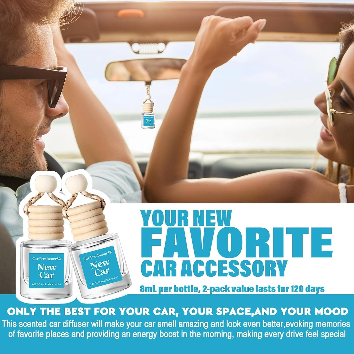 C Classy Hanging Car Air Freshener 2 Pack, New Car Essential Oil Diffuser, Long-Lasting Fragrance, Cute Glass Bottle Car Accessories for Women & Men, Made in USA