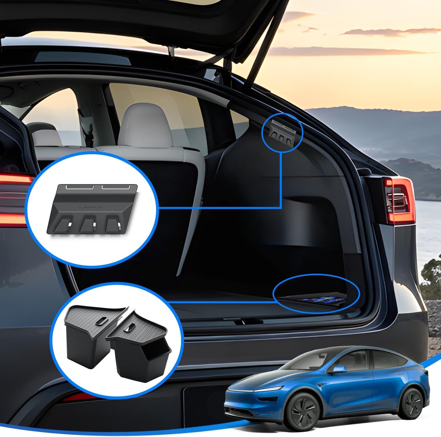 GEEDAR Tesla Model Y Juniper Trunk Organizer Set, 2 Trunk Storage Bins with TPE Lid + 2 Rear Trunk Organizer Hooks, Rear Trunk Side Storage Box for Model Y Juniper 2025 2026 Interior Accessories
