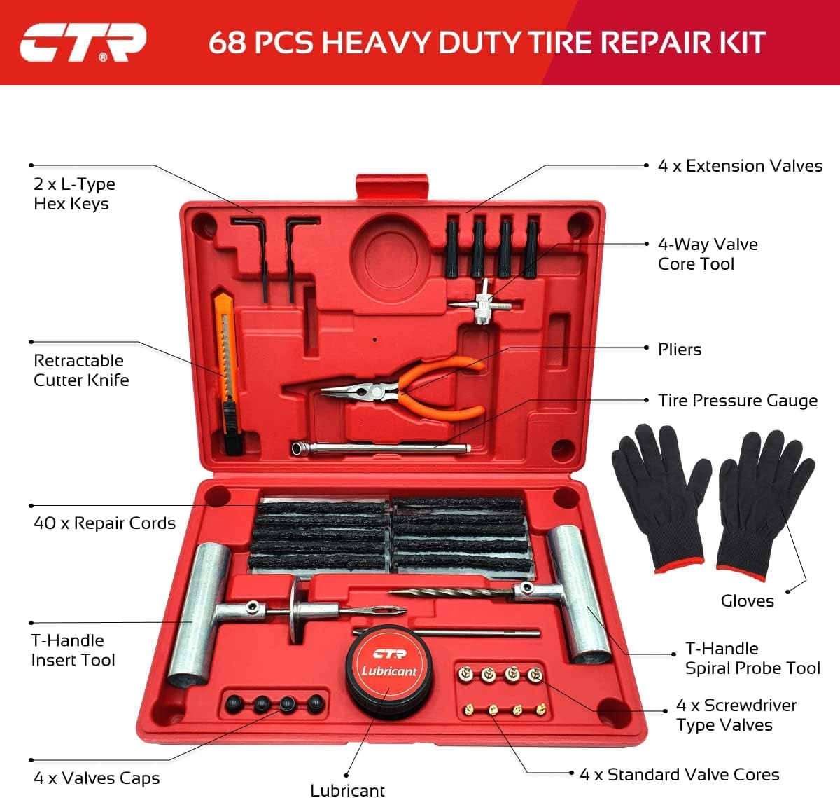 CTR Heavy Duty Tire Plug Kit, 68pcs Premium Flat Tire Repair Kit with Plugs