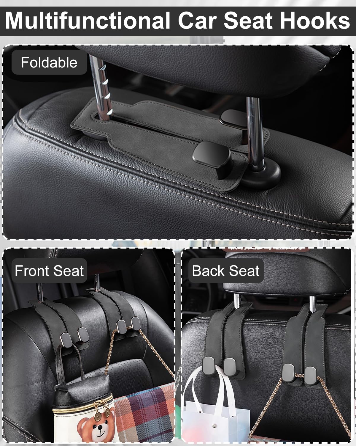 2 Pcs Car Hooks for Headrest, Adjustable Vehicle Seat Back Car Organizers and Storage Accessories, Universal Fit Double Metal Leather Purse Holder for Car (Grey)