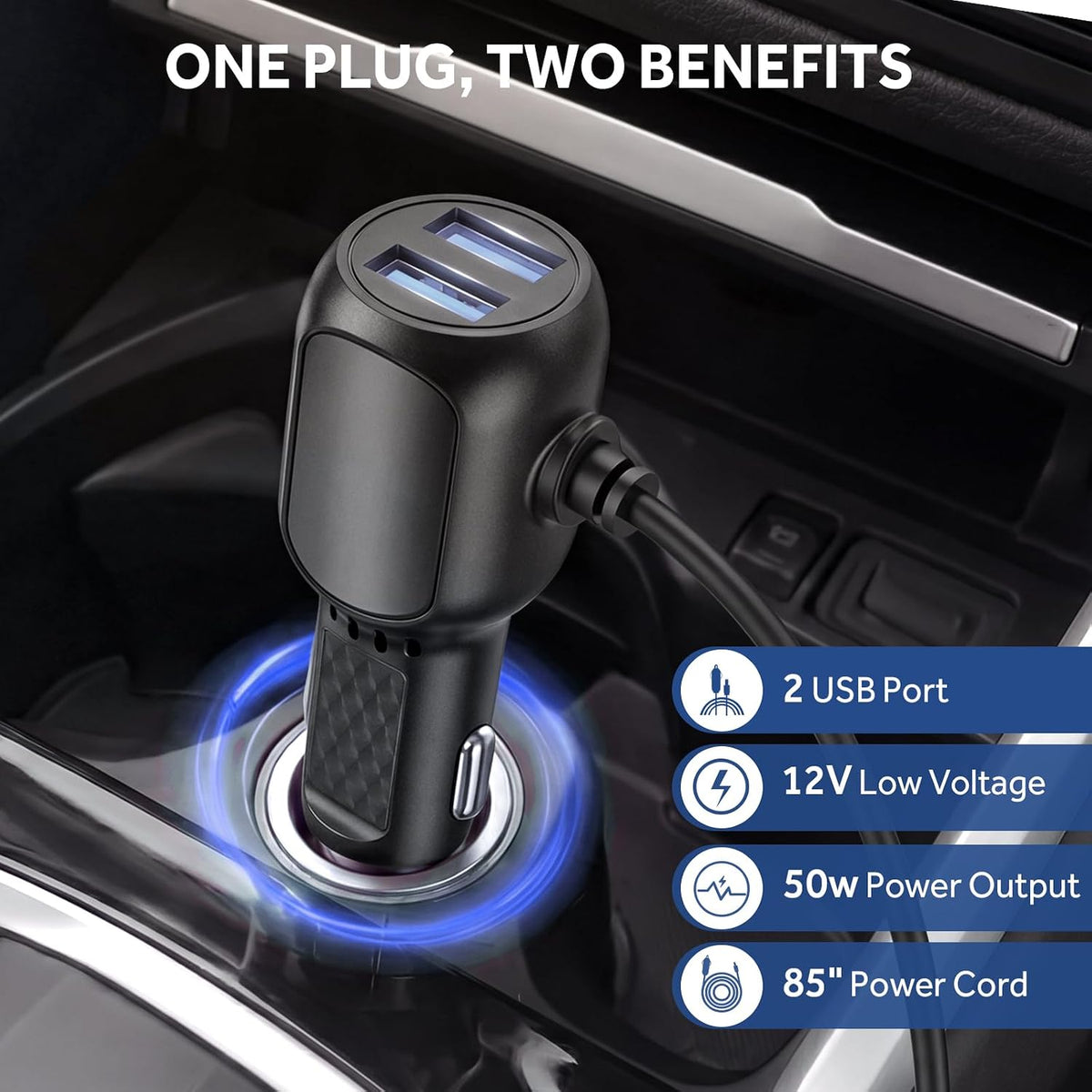 Sealy 12-Volt Heated Car Blanket, 2 USB Output Ports, 59"x43", Black Plaid